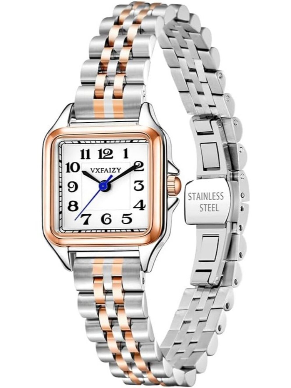 Women's Silver-Rose Gold Black Solid Stainless Steel Band Dainty Square Watch - Picture 3 of 6
